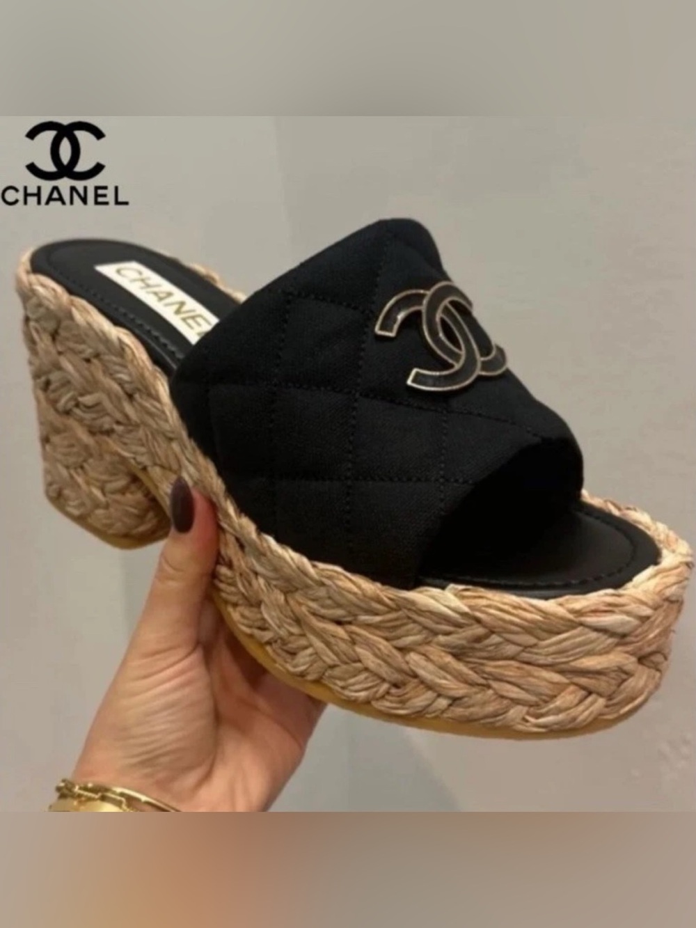 Chanel 25C Platform Raffia CC interlocking logo slides sandal size 37 - Picture 2 of 15